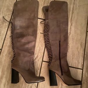 Vince Camuto darkened tan knee high leather boots. Size womens 8